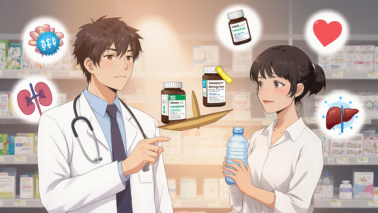 Doctor and patient viewing a floating scale that balances cost and side‑effects of HIV drugs.