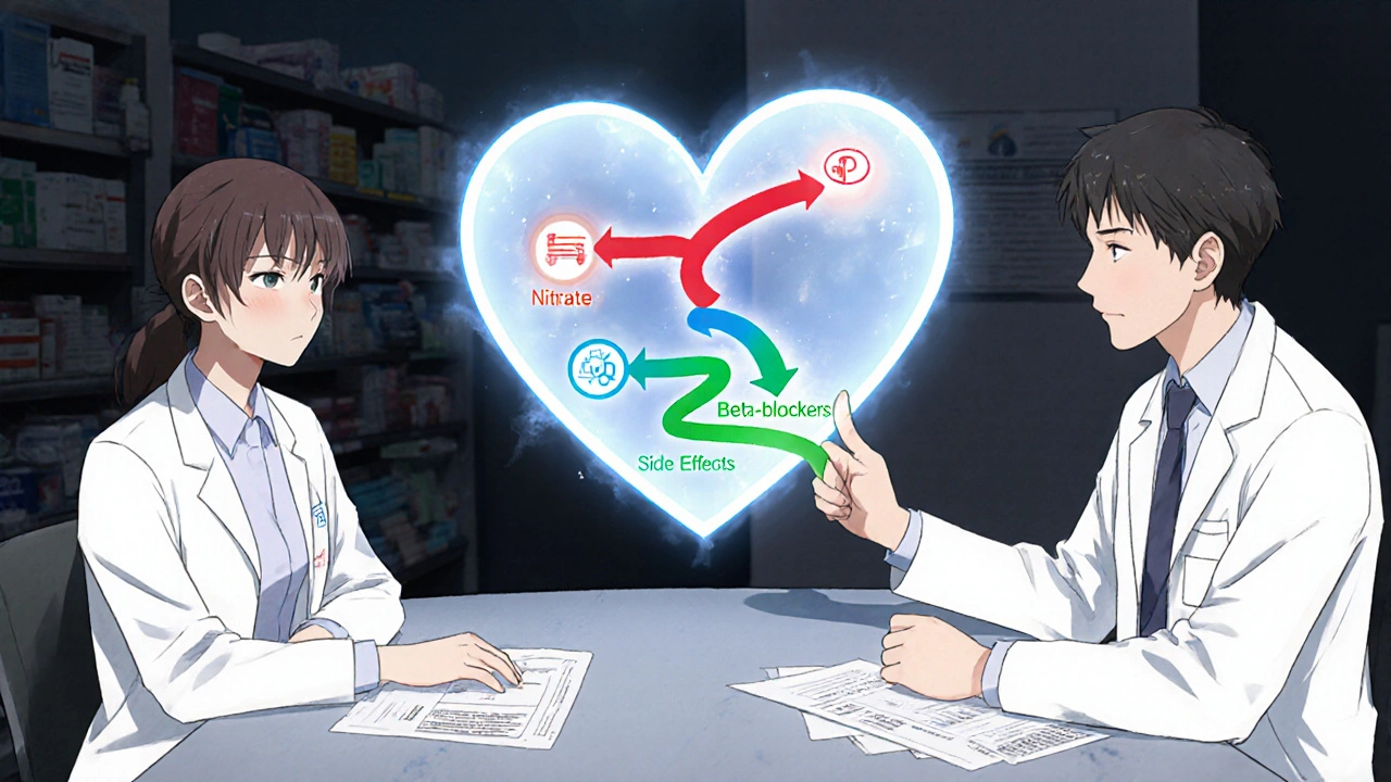 Doctor and patient with glowing heart showing medication pathways, side effect icons around it.