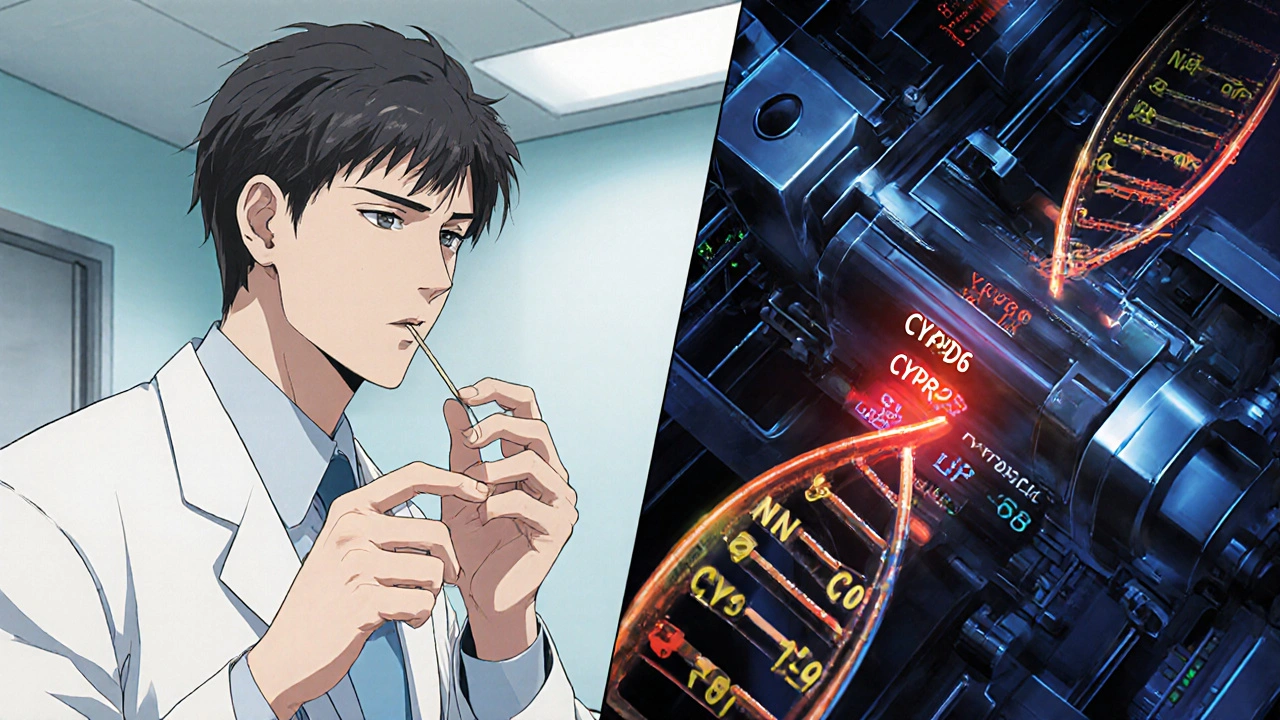 Doctor handing a cheek swab to a patient, with a lab machine scanning glowing DNA strands in the background.