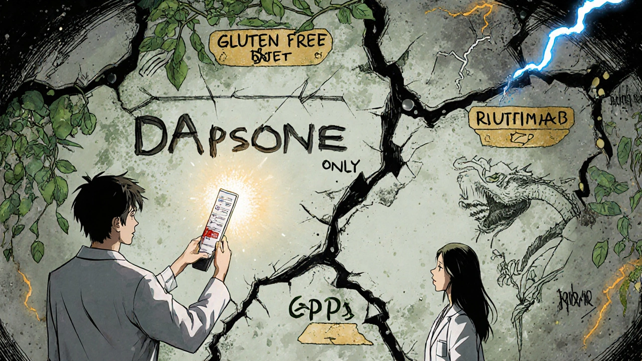 Doctor holding blood test as patient faces crumbling wall of old treatment options