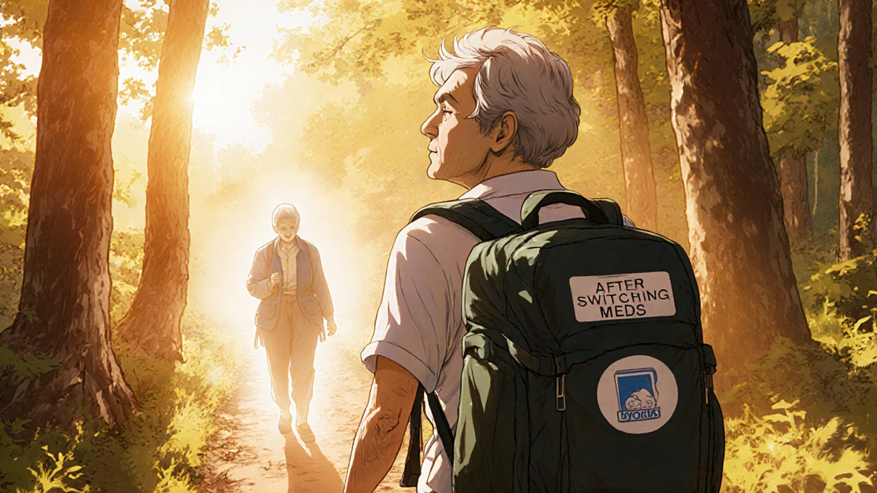 Elderly woman hiking at sunrise, her past tired self fading behind her after switching medication.