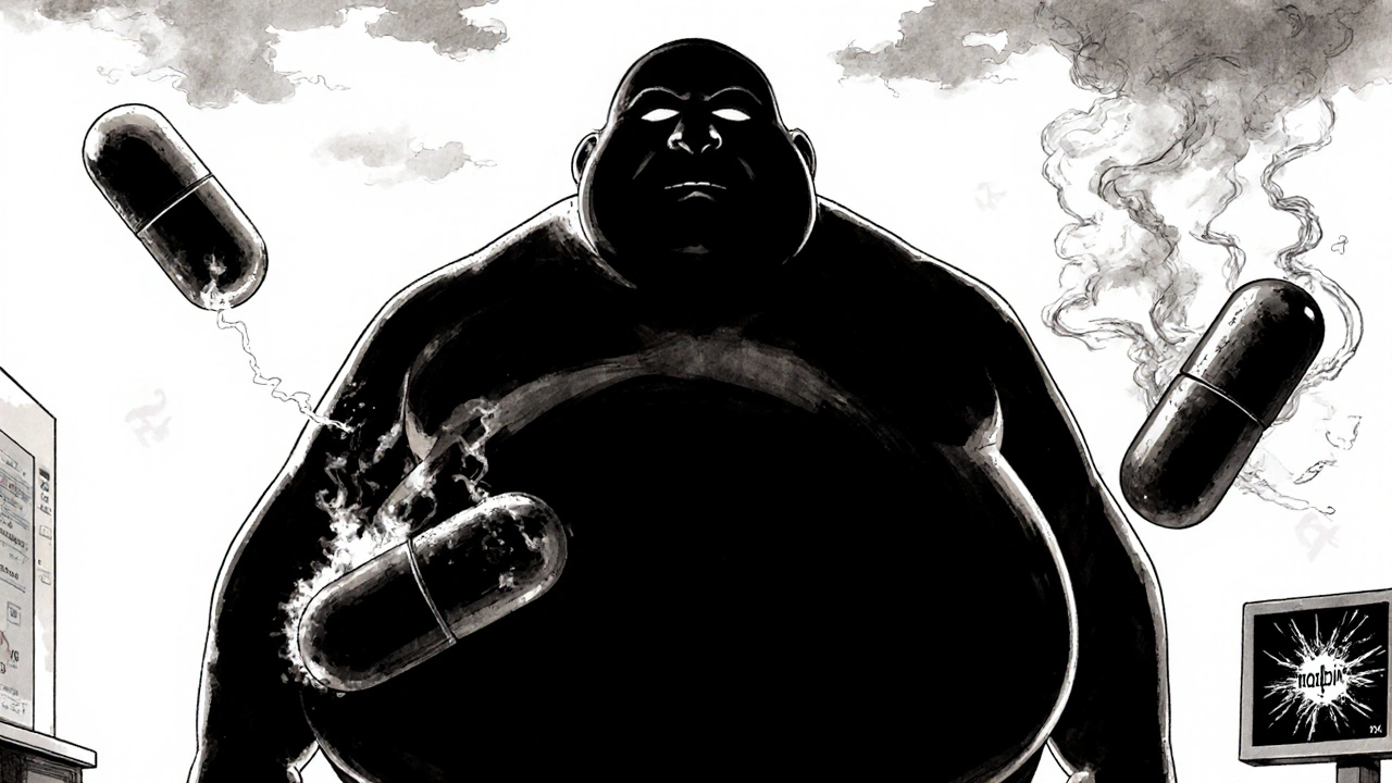 Extremely obese patient surrounded by floating DOAC pills, apixaban stable, dabigatran crumbling.