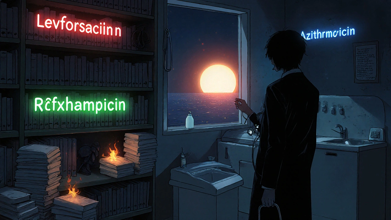 Floating antibiotics in a library—levofloxacin glows red while safer options glow green and blue.