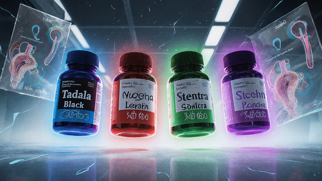 Four ED medication bottles floating with colored auras representing different onset times and durations.