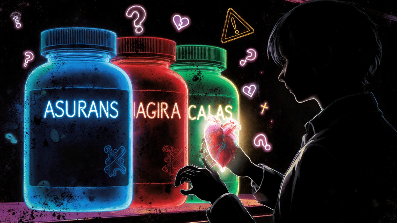 Four ED medication bottles glowing on a shelf with heart-shaped silhouette