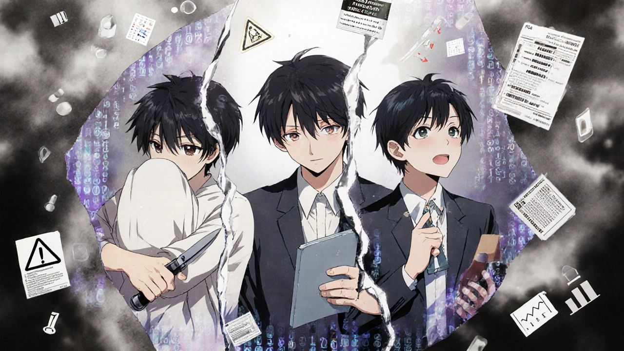 Fractured mirror showing three versions of a youth: depressed, at risk, and healing, with FDA warnings dissolving around them.