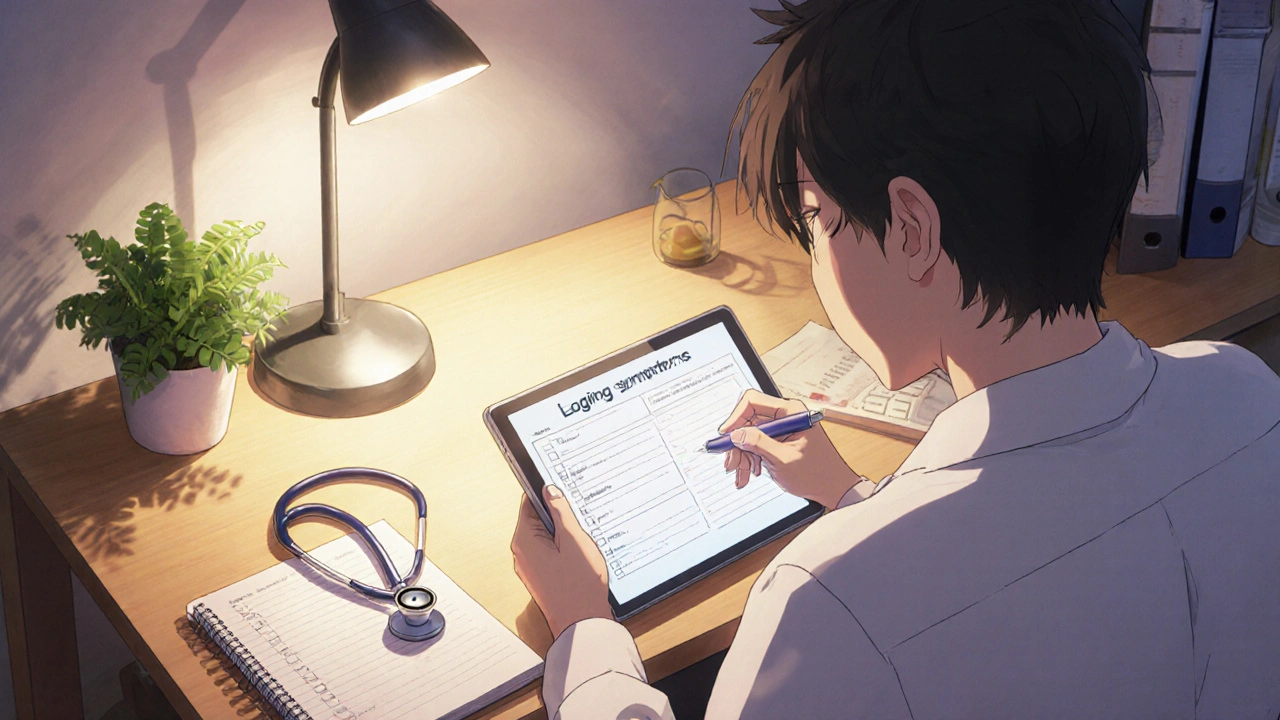 Individual logs symptoms on a tablet in a home office with a stethoscope nearby.