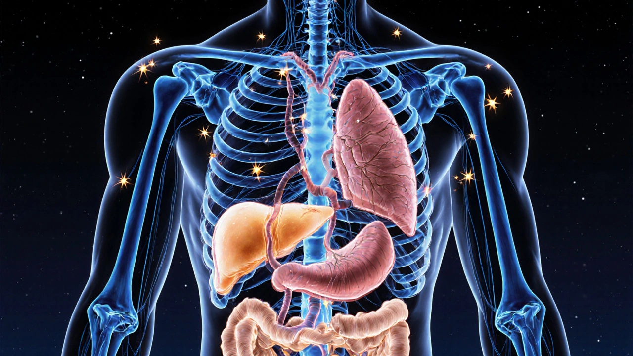 Internal view of aging body with glowing organs and hormone signals, rendered in detailed manga style.