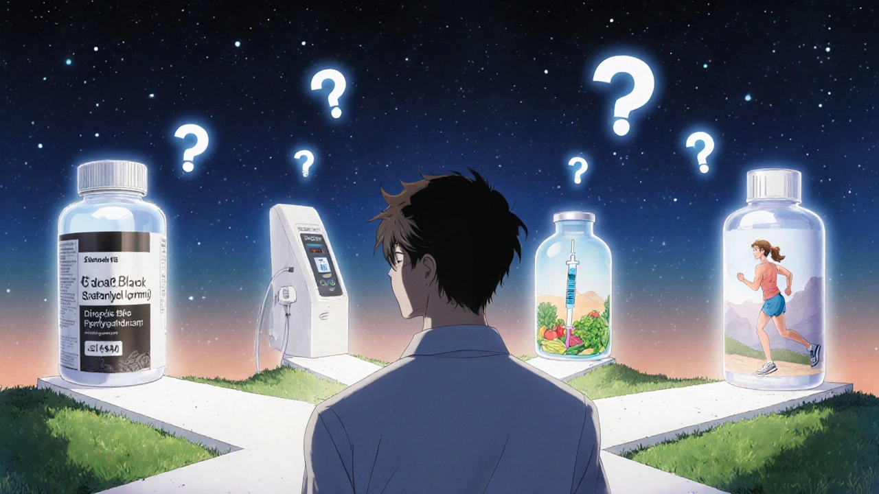 Man at crossroads choosing between pill, pump, injection, and lifestyle for ED treatment.