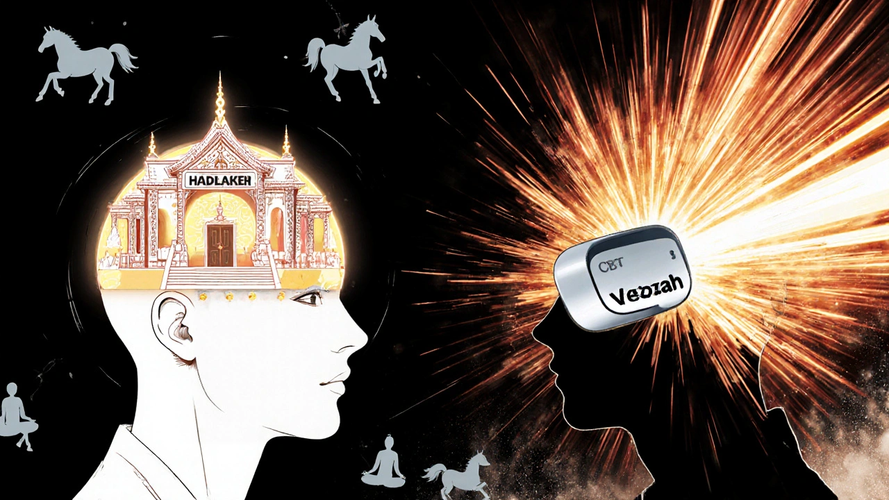 Mental battlefield showing CBT calm vs. hot flashes, calmed by Veozah neural beam.