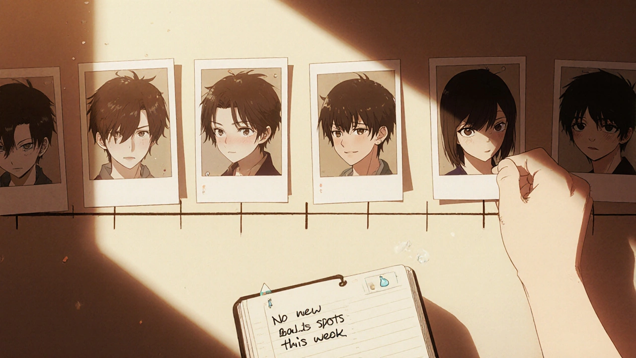 Monthly photo wall showing gradual hair regrowth over six months, handwritten notes visible.