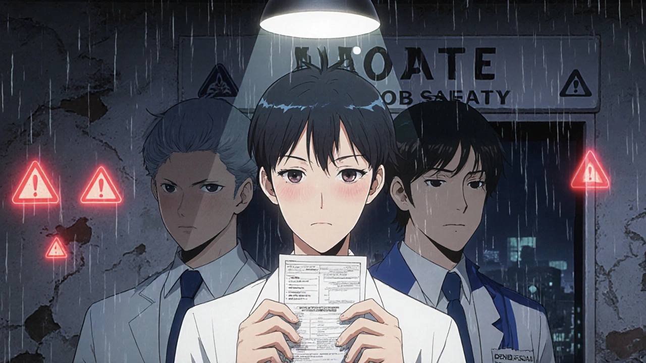 Patient&#039;s reflection showing three regulators evaluating the same drug, with failing global safety warnings in background.