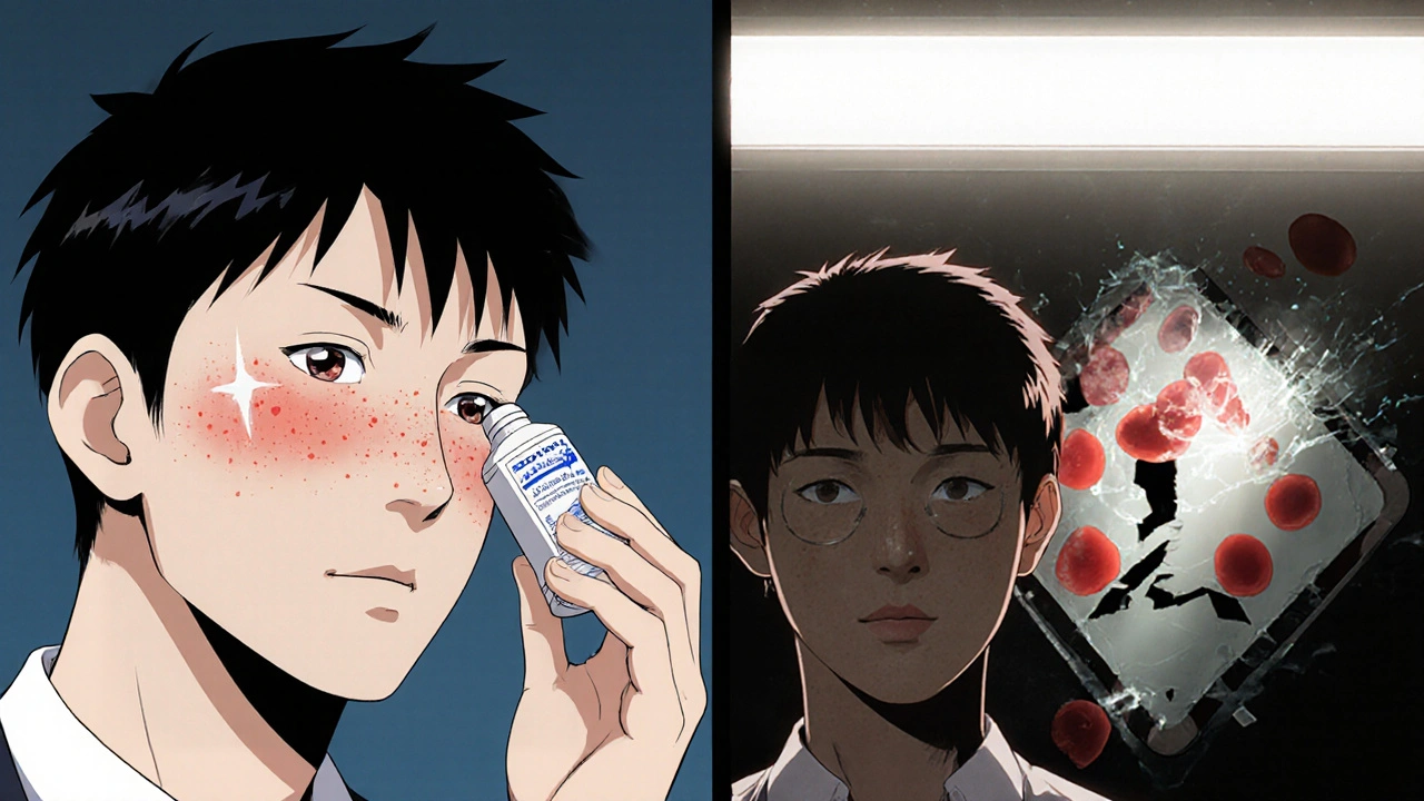 Person applying acne gel while blood cells fracture in shadow, symbolizing G6PD risk