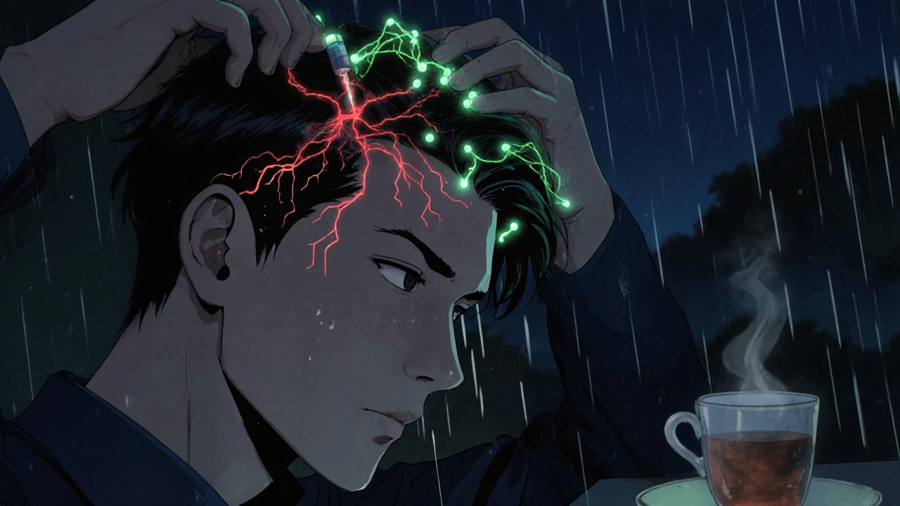 Person applying minoxidil with glowing follicles connected to root system, bioluminescent details.