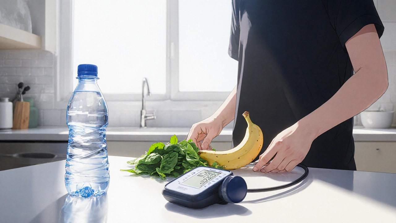 Person prepares a banana and spinach snack with a water bottle and blood pressure cuff.