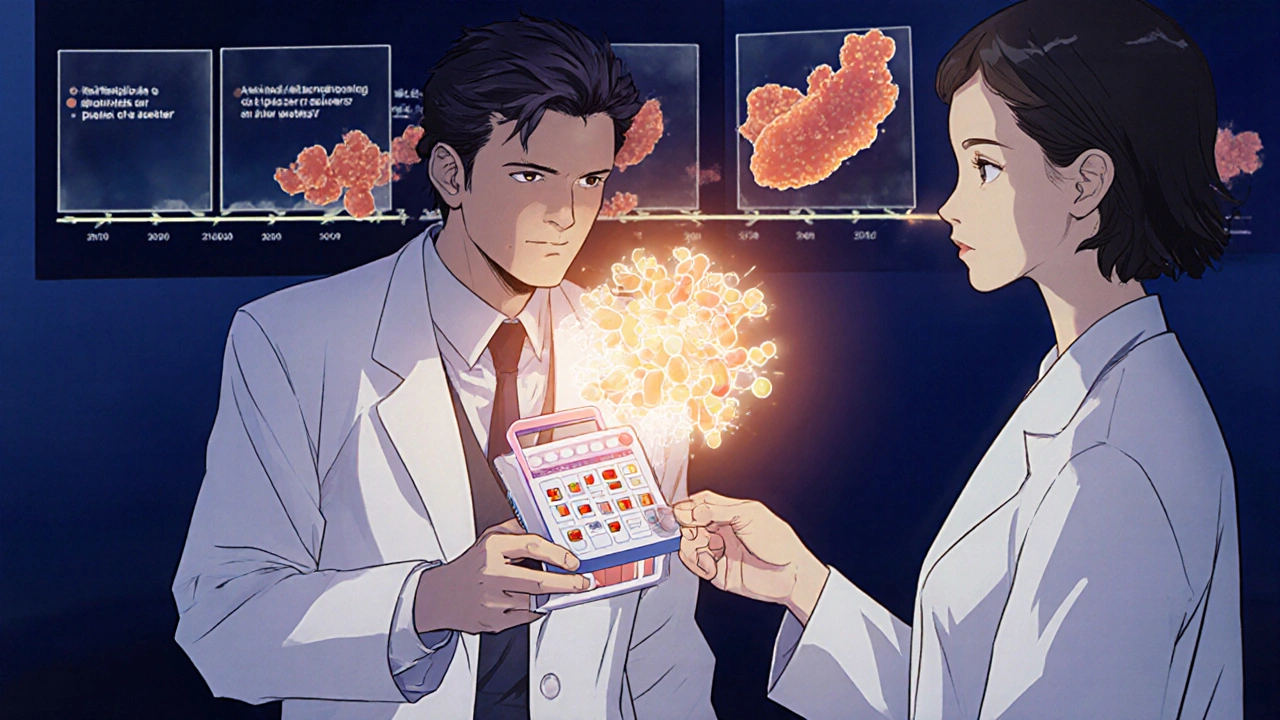 Pharmacist giving patient a pill organizer and educational card showing ezetimibe as a gut filter.