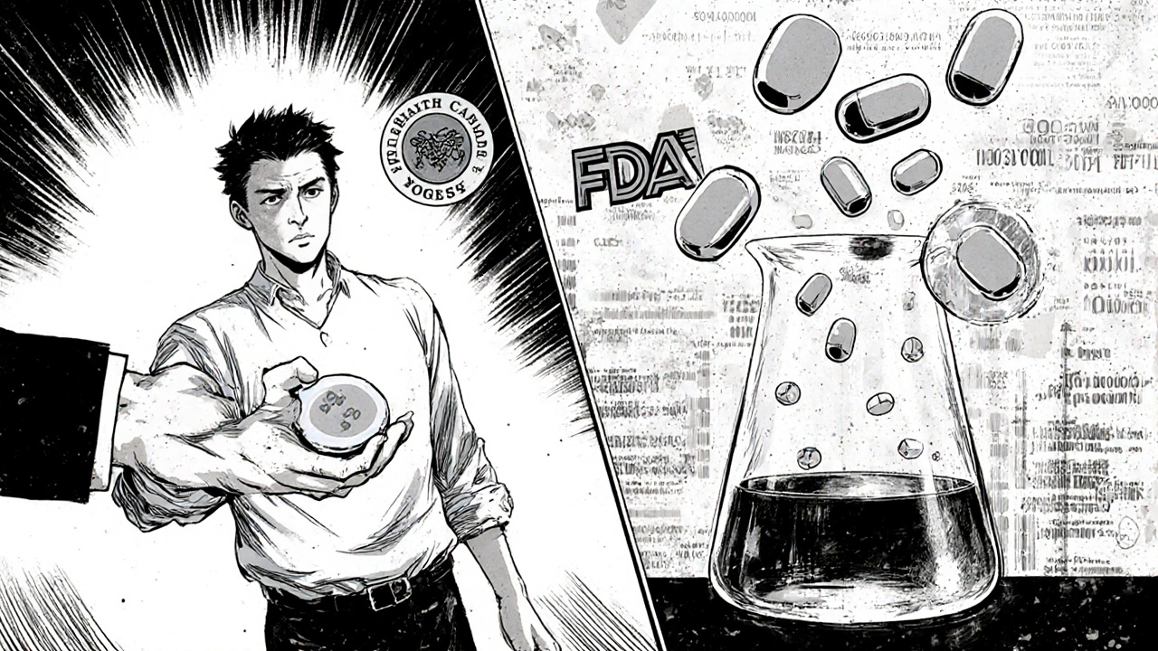 Pharmacist handing a generic pill as molecules match Avodart’s, with regulatory seals floating nearby.