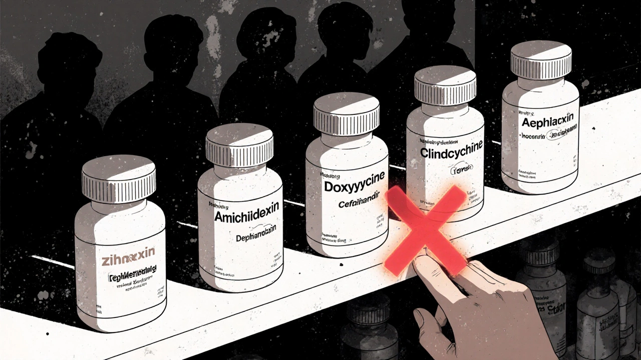 Pharmacy shelf with six antibiotic bottles, one chosen, one marked with a red X, shadows cast dramatically.