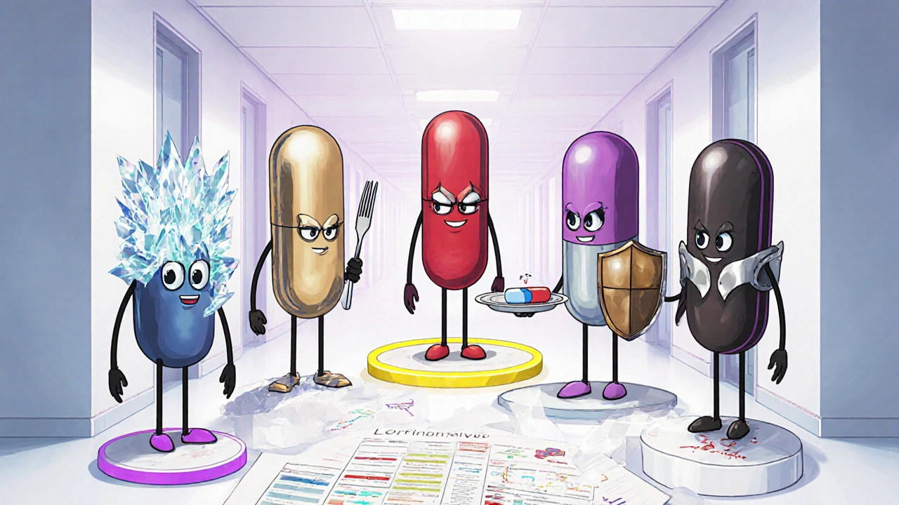 Six pill characters representing different HIV protease inhibitors, each showing distinct side‑effect cues.