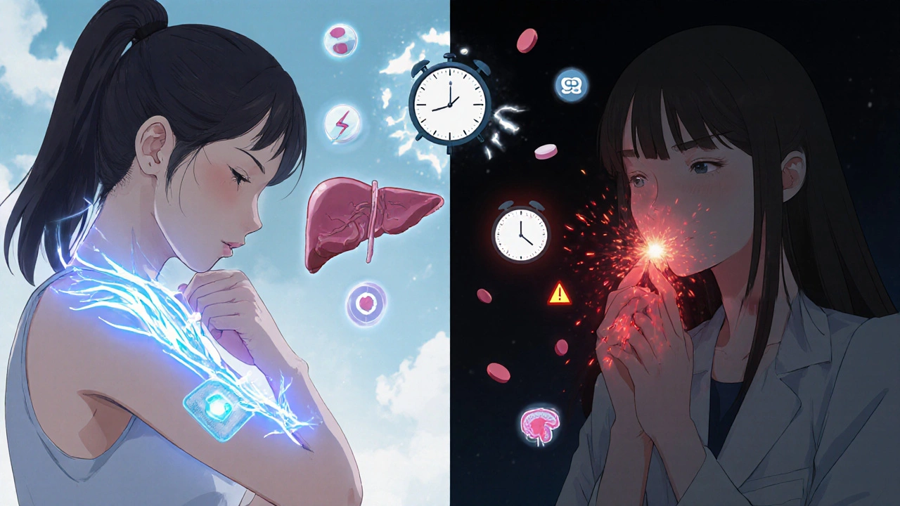 Split image comparing estrogen patch and oral tablet with medical symbols floating around.