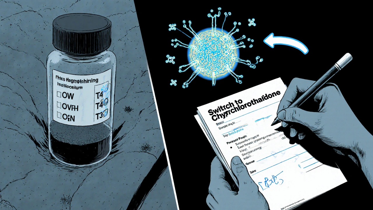 Split medical scene showing low electrolytes and blocked T4-to-T3 conversion with new prescription arrow.