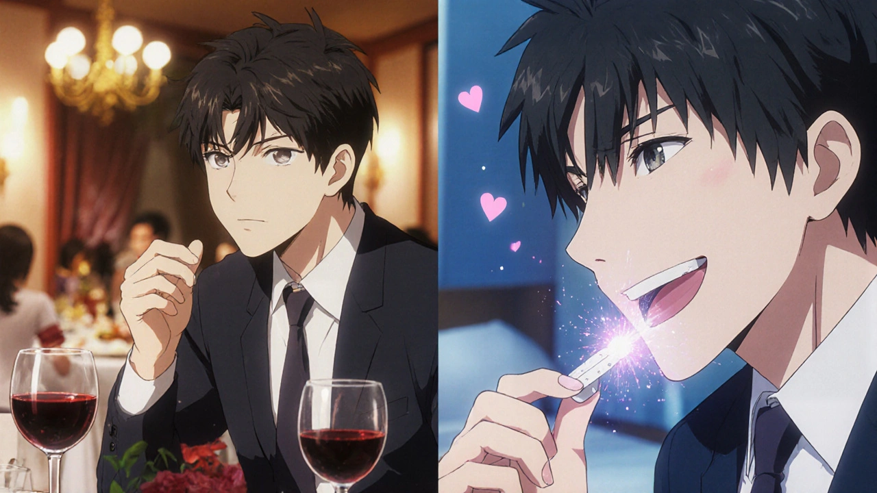 Split scene: anxious man with oral pill vs. confident man with sublingual tablet, romantic backdrop.