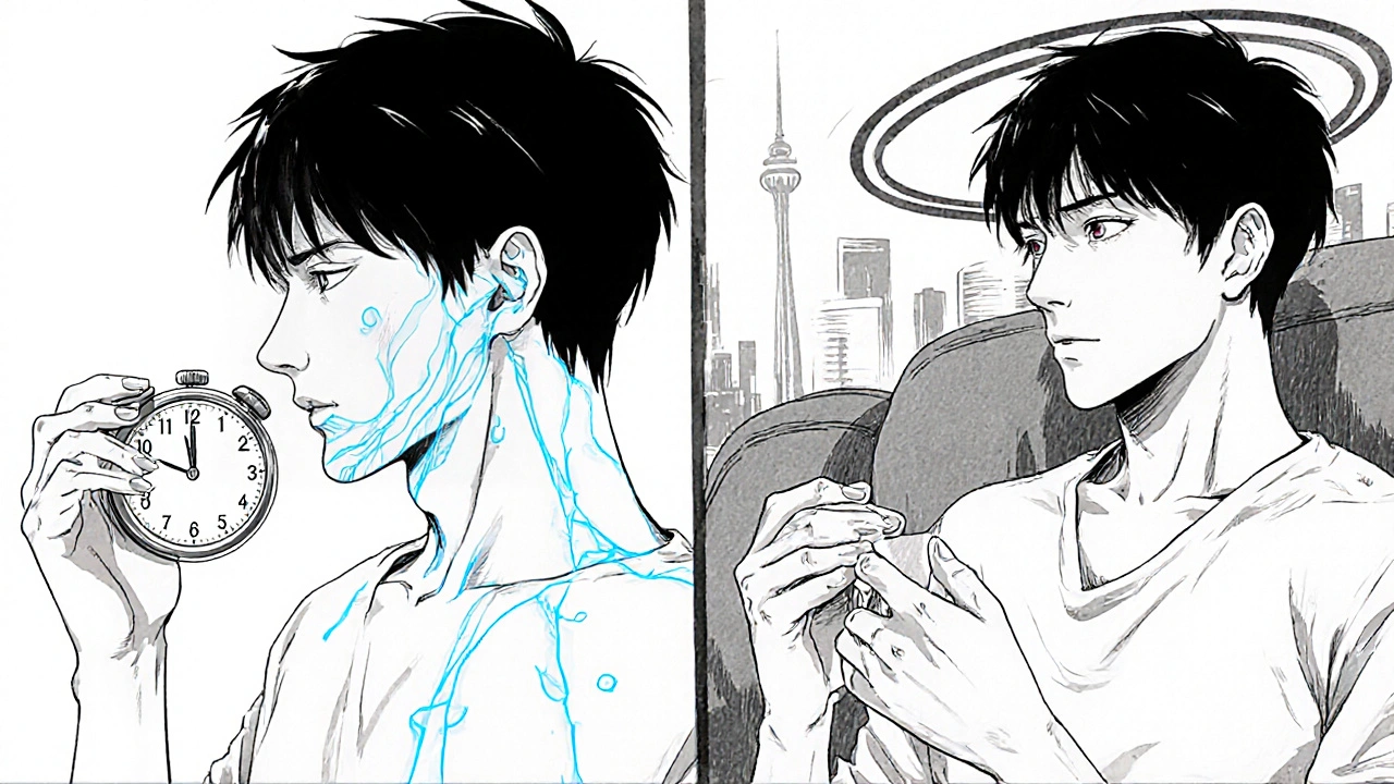 Split scene comparing Assurans and Cialis with time-themed visuals