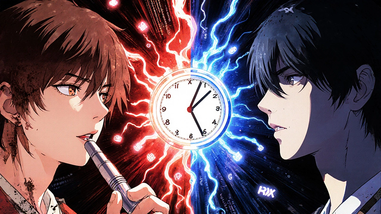 Split scene: drug use with euphoric aura vs. same person on naltrexone with no reaction.