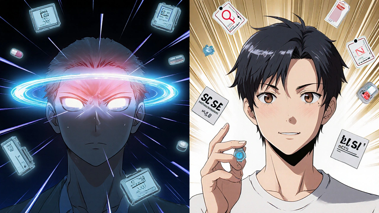 Split scene: headache from Imdur vs calmness with beta-blocker, floating cost and health icons.