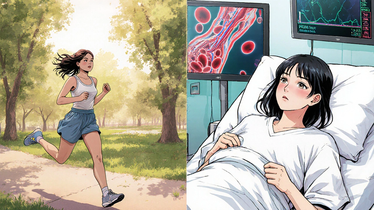 Split scene of a healthy woman jogging versus the same woman in a hospital bed with clotting symbols.