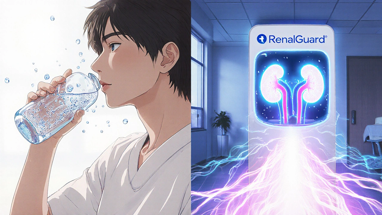 Split scene: person drinking water at home and RenalGuard machine in hospital, symbolizing kidney protection.