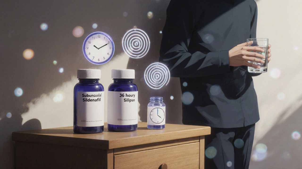 Three ED medication bottles on a nightstand with floating time icons representing onset duration.