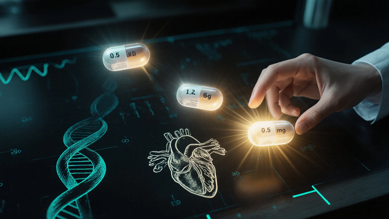 Three floating cabergoline pills above a genetic sequence and heart valve diagram, doctor reaching for smallest dose.
