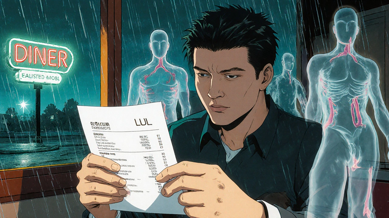 Truck driver staring at lab results, healthy arteries glowing beside him as silent plaque fades away.