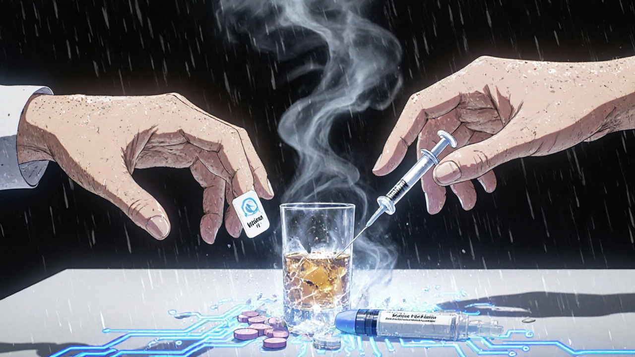 Two hands reaching across a table with naltrexone and Vivitrol, surrounded by dissolving drugs and neural energy lines.