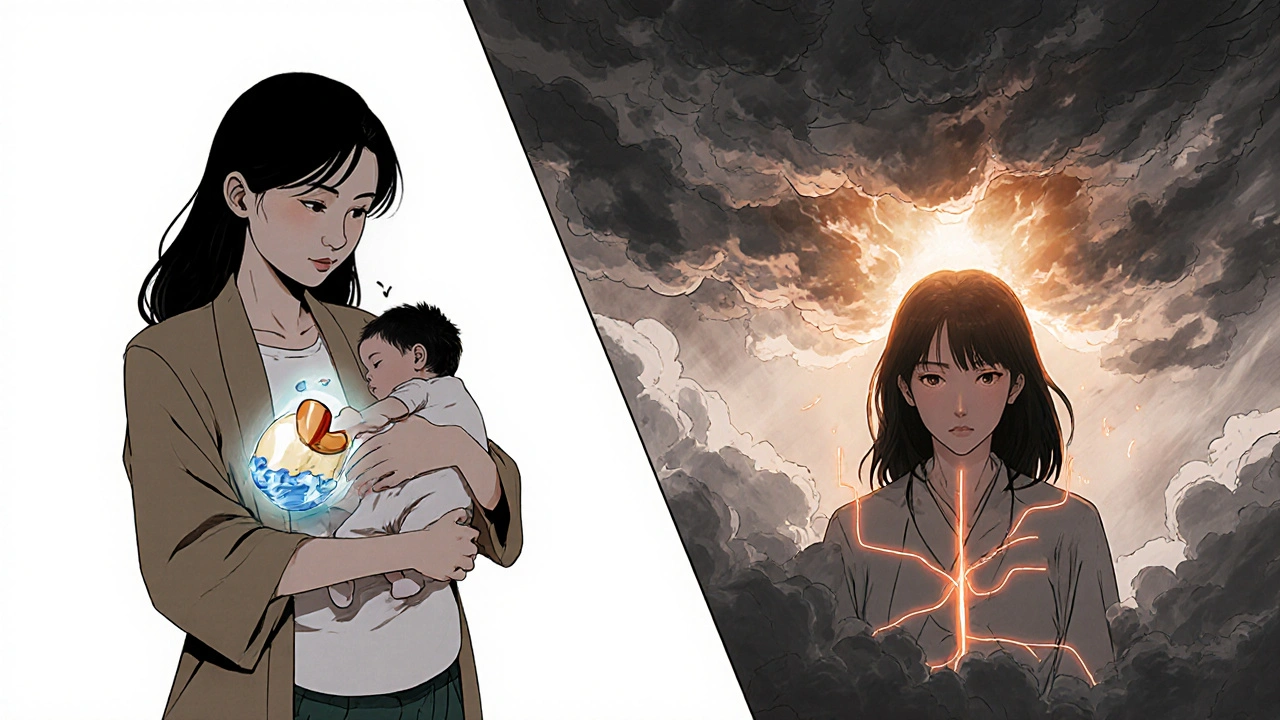 Woman in postpartum scene with SSRI and cabergoline merging into dopamine pathway leading to brain.