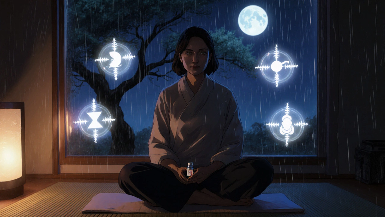 Woman meditating at 3 a.m., floating hormone icons around her, moonlight streaming through the window.