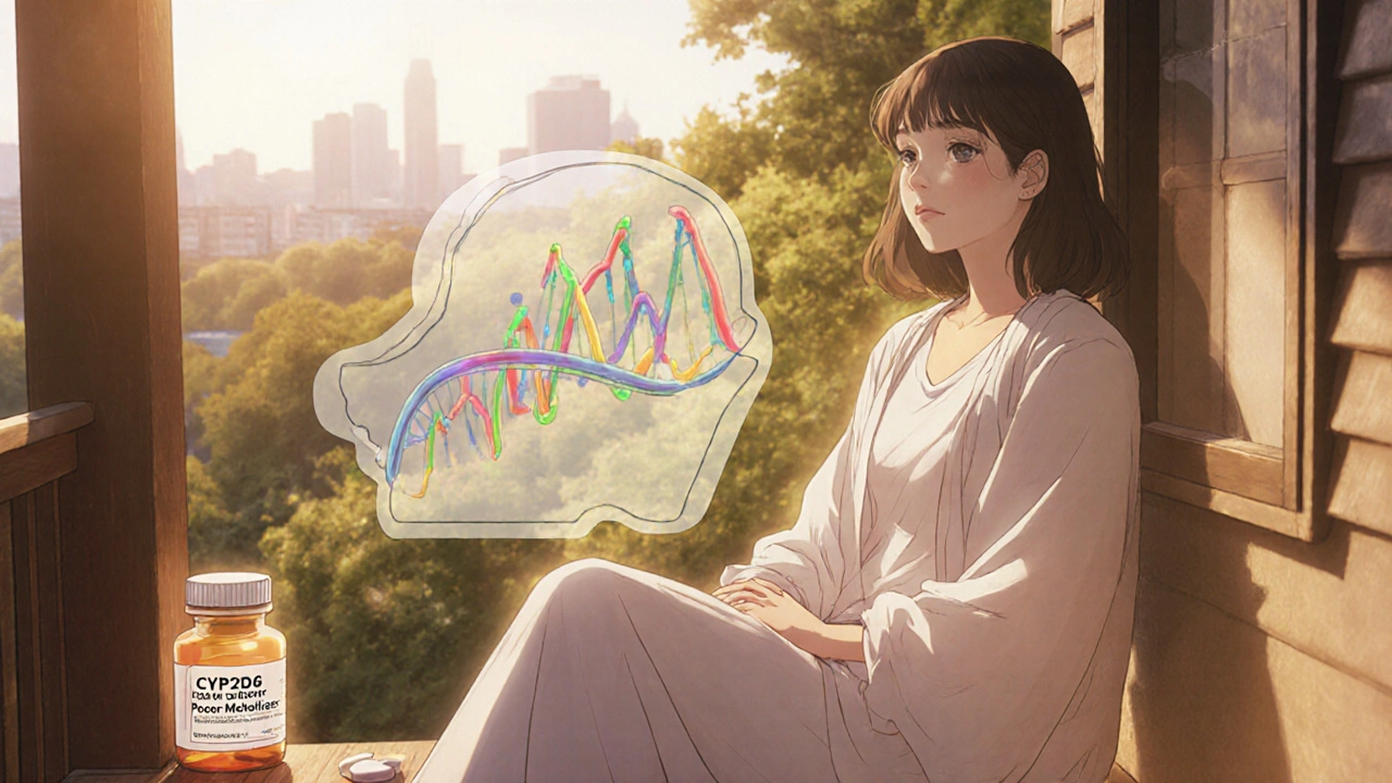 Woman smiling on a sunny porch, genetic profile fading into light beside a reduced dose of antidepressant pill.