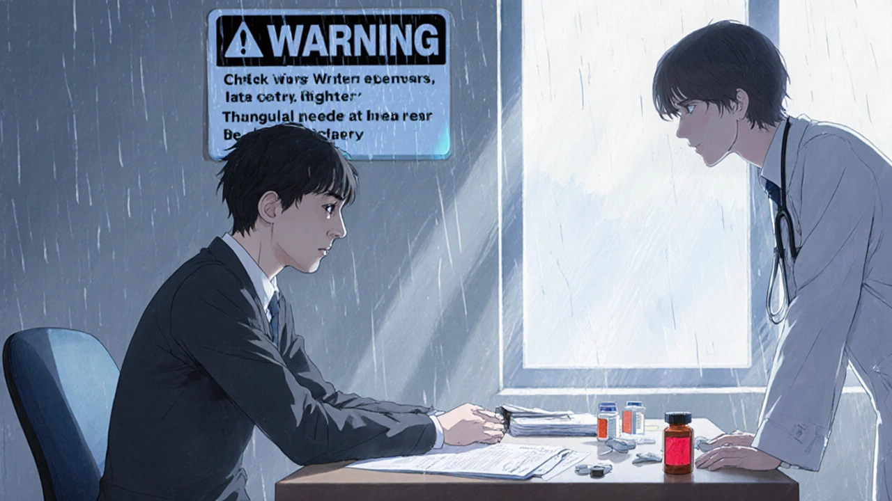 Young adult in psychiatrist&#039;s office during weekly check-up, black box warning glowing on wall behind them.