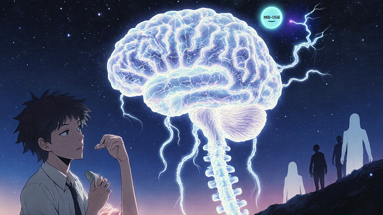 A brain transforms into Lewy bodies as a glowing drug orb hovers above, symbolizing future prevention of neurodegeneration.