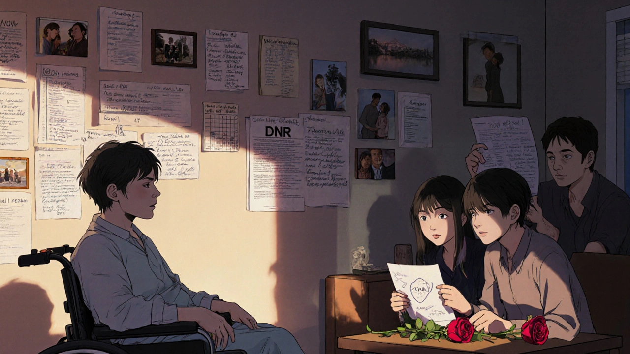 A family gathers around a wheelchair-bound patient surrounded by care documents and fading photos in a dim living room.