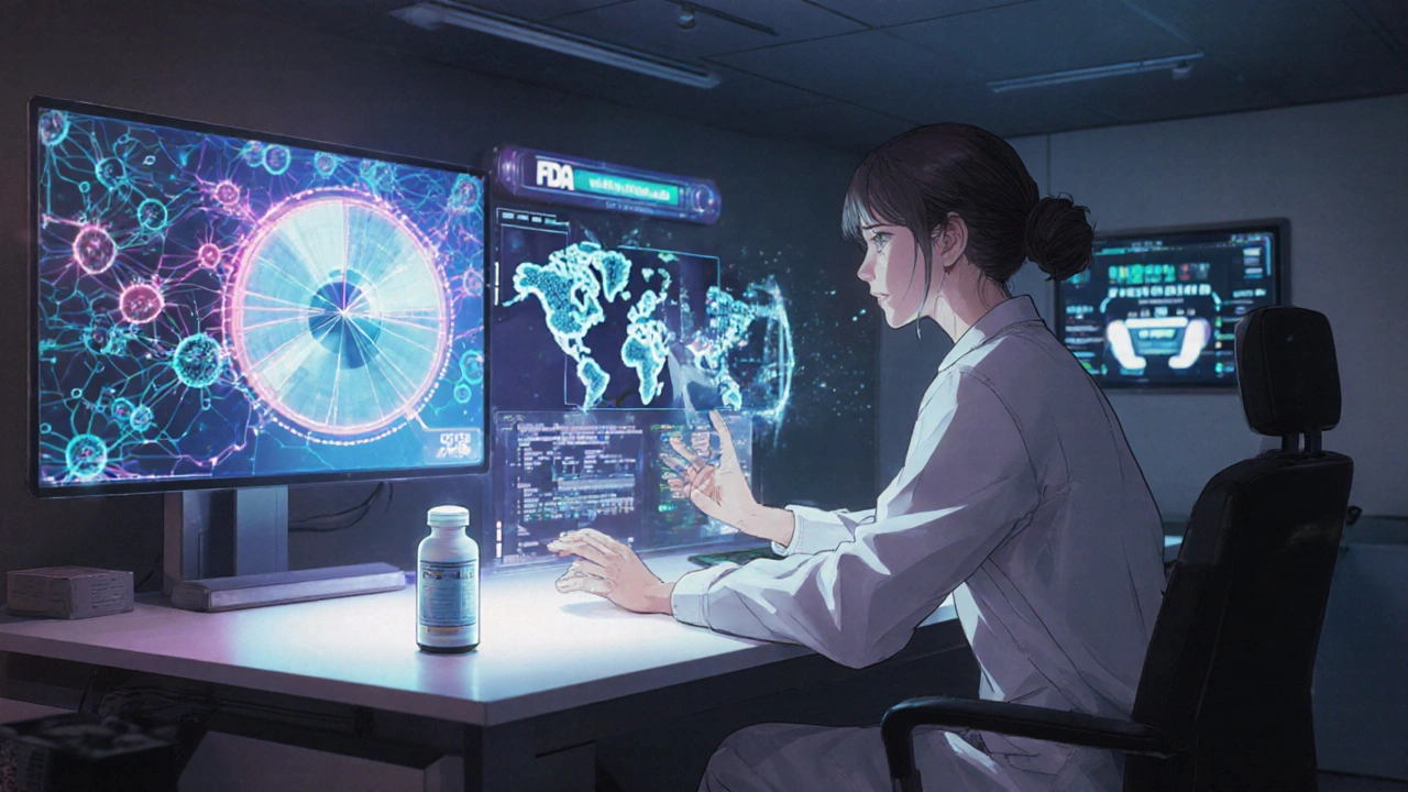 A futuristic FDA inspector uses holographic tech for a remote facility inspection, with AI analysis displayed in neon light.