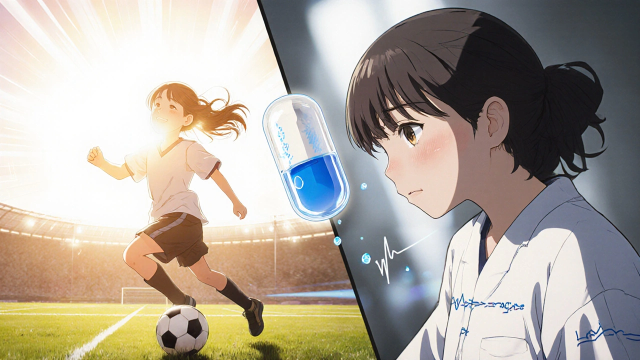 A girl running in soccer gear, contrasted with her earlier hospital self, connected by a floating pill.