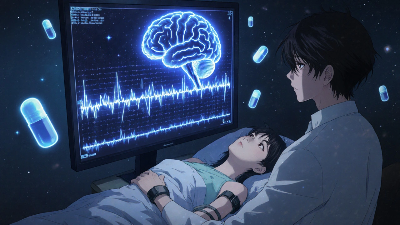 A neurologist examines an EEG readout showing abnormal muscle activity during REM sleep in a sleep lab.
