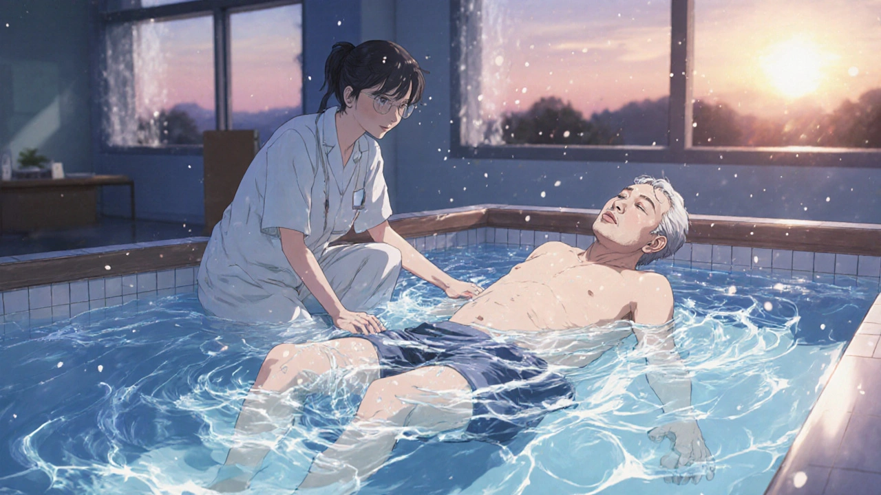 A person with Huntington&#039;s moves gracefully in water therapy, supported by a caregiver as sunlight filters through windows.