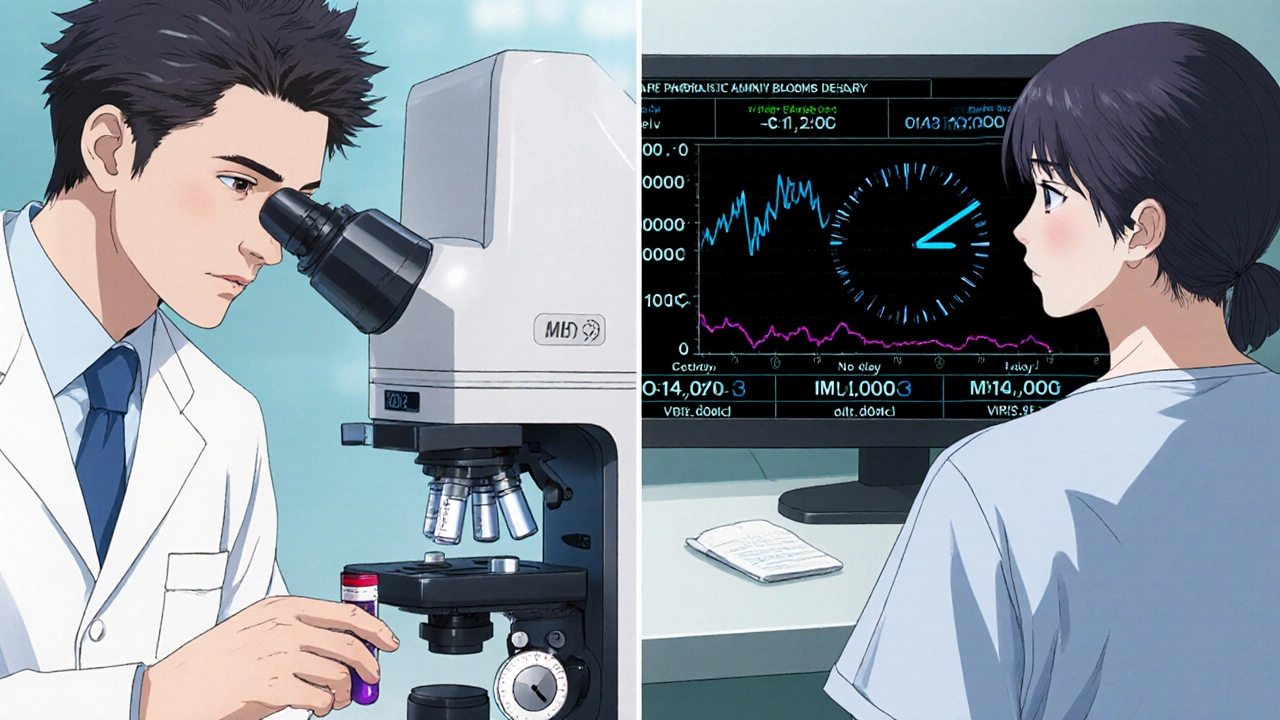 A pharmacist in a lab analyzing a blood sample while a patient watches a viral load spike on a monitor.
