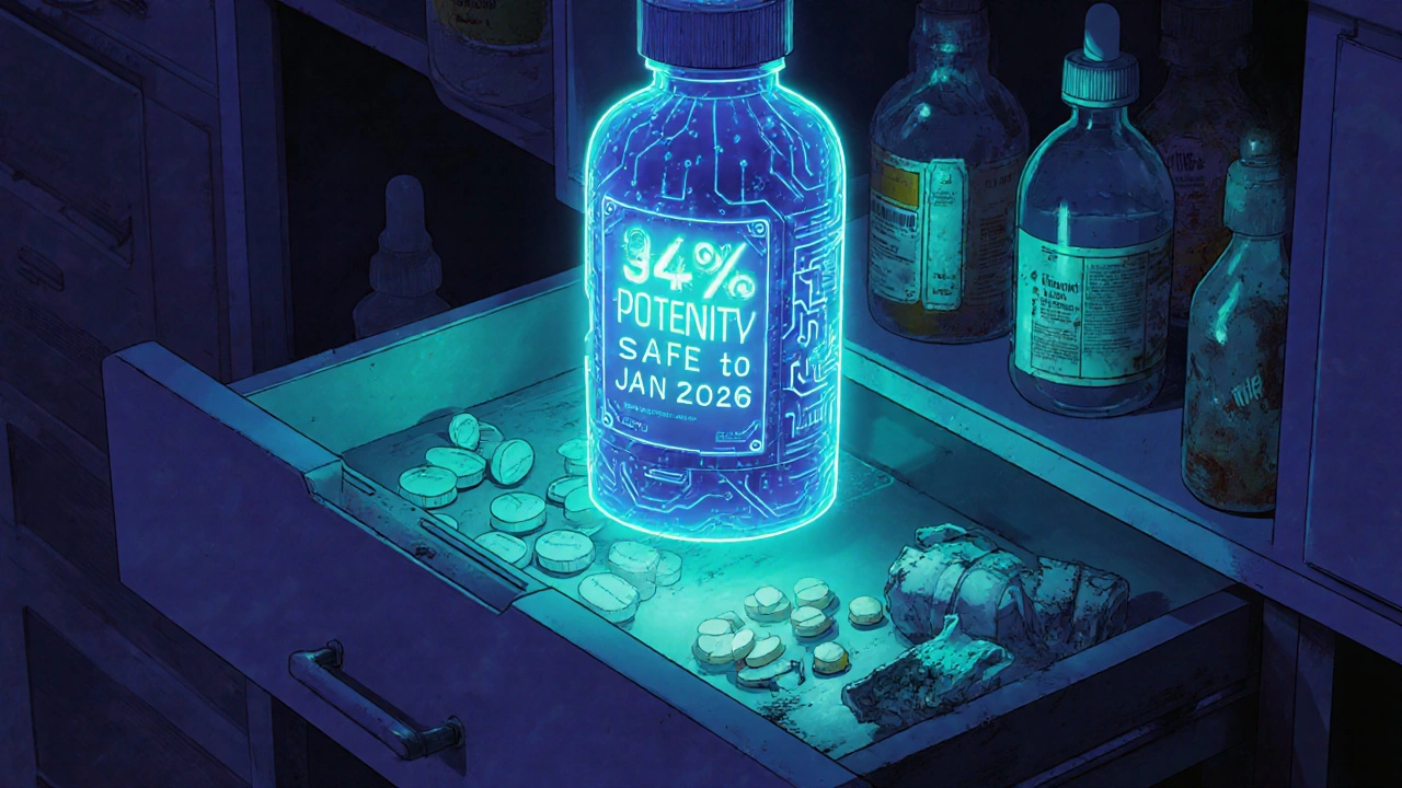 A smart medicine bottle with a holographic potency display above organized pills.