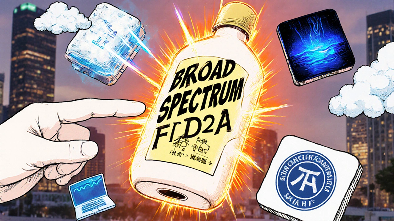 A sunscreen bottle with FDA and Skin Cancer Foundation labels glowing, surrounded by UV and blue light icons.