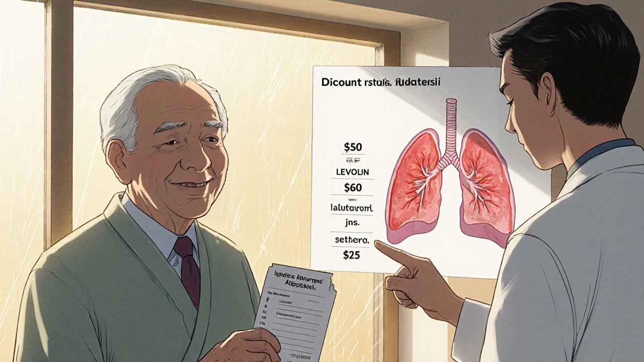 An elderly patient receiving advice from a pharmacist about affordable asthma inhaler options.