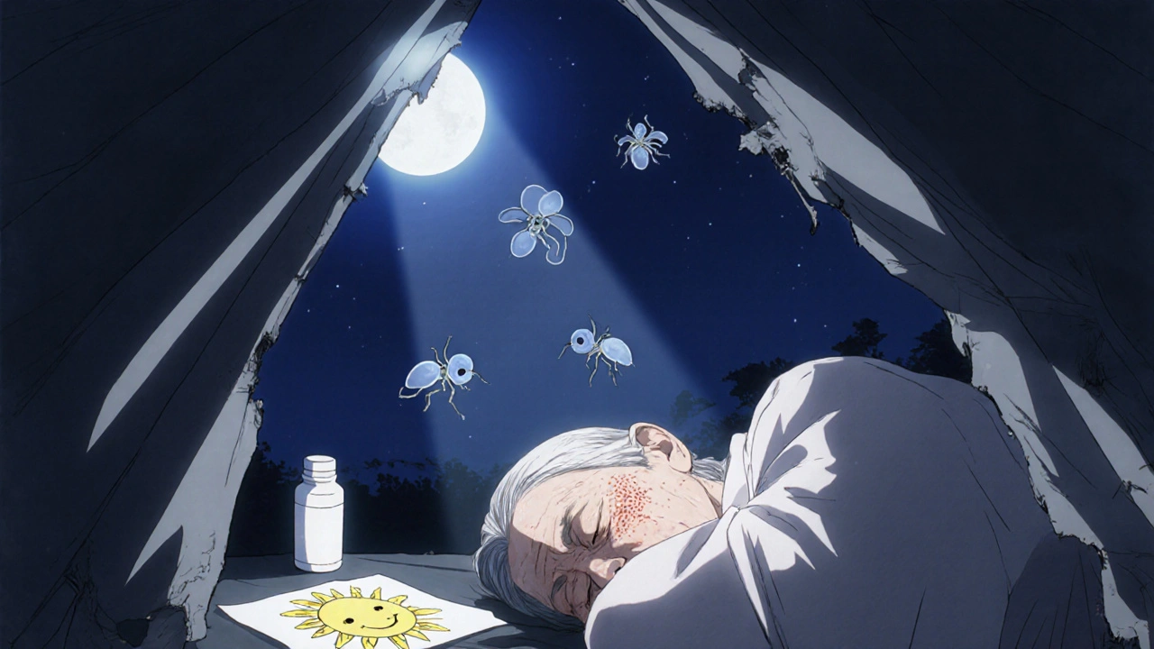 An elderly woman sleeps peacefully at night, free from scabies, with a pill bottle and child’s drawing beside her.